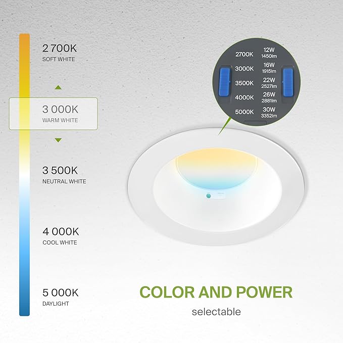 ASD Commercial LED Downlight 6 Inch with Emergency Battery Backup 15W, Power Adjustable Downlights 12/16/22/26/30W, Recessed Lighting 120-277V, 5 CCT 2700K-5000K, Dimmable, IC Rated, White ETL, 8 Pack