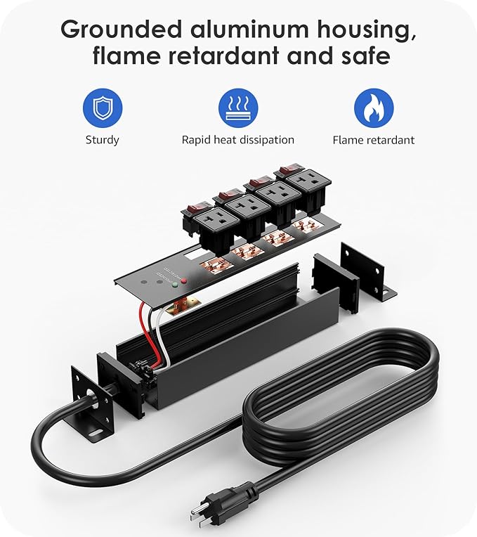 CCCEI Heavy Duty Surge Protector Power Strip 20 Amp Individual Switches. 10FT 12 Gauge Extension Cord with Multiple Outlets. Kitchen, Garage, Shop, Industrial Wall Mount Electric Extender, Black.