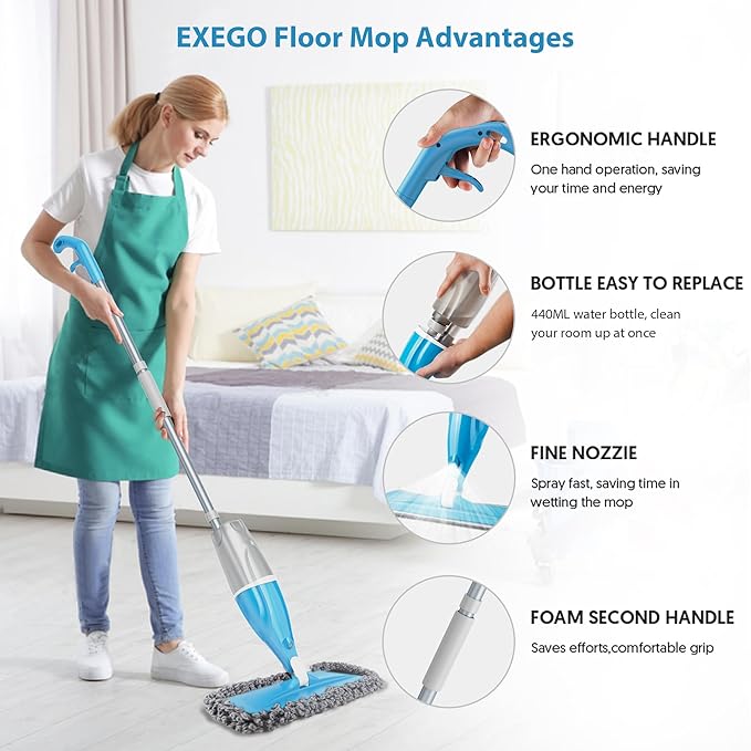 Microfiber Spray Floor Mops for Floors Cleaning- Hardowod Floor Mops with 440ML Refillable Bottles 3 Washable Mop Pads and 1 Scraper - Dust Wet Mop for Laminate Hardwood Ceramic Tile Wood Vinyl