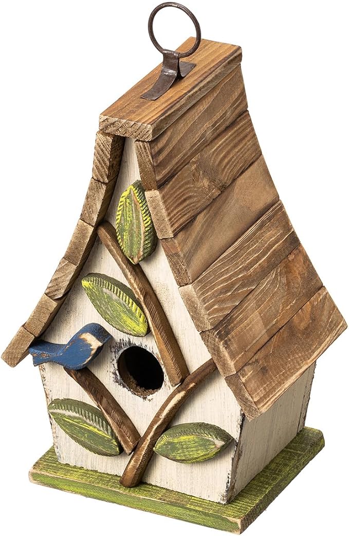 Glitzhome Bird Houses for Outside, 9.5" H Hanging Bird House Distressed Solid Wood Decorative Garden Birdhouse for Outdoors with Natural Wood Pallet Roof and 3D Tree,Washed White