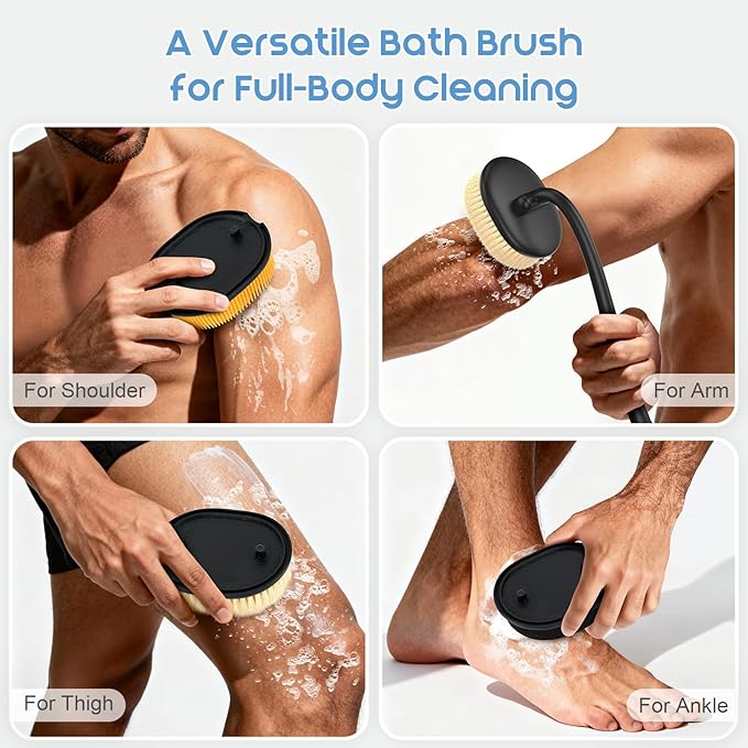 Flexible Up-Down Movement Back Scrubber for Shower for Men & Women, 3 Detachable Back Brush Heads Includes Silicone Body Scrubber, Sponge Bath Brush & Bristle Shower Brush, Wet/Dry Brush, Black