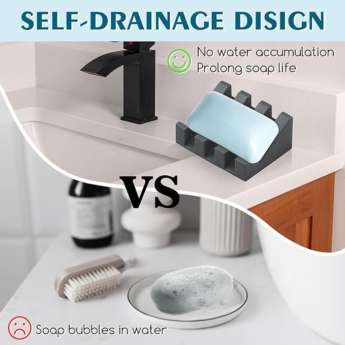 Silicone Soap Dish with Drain, Upgrade Double Suction Cups at The Bottom for Anti-Slip and Stability, Soap Dish Shower Waterfall Bar Soap Holder Tray with Drain Soap Holder (4, Grey)