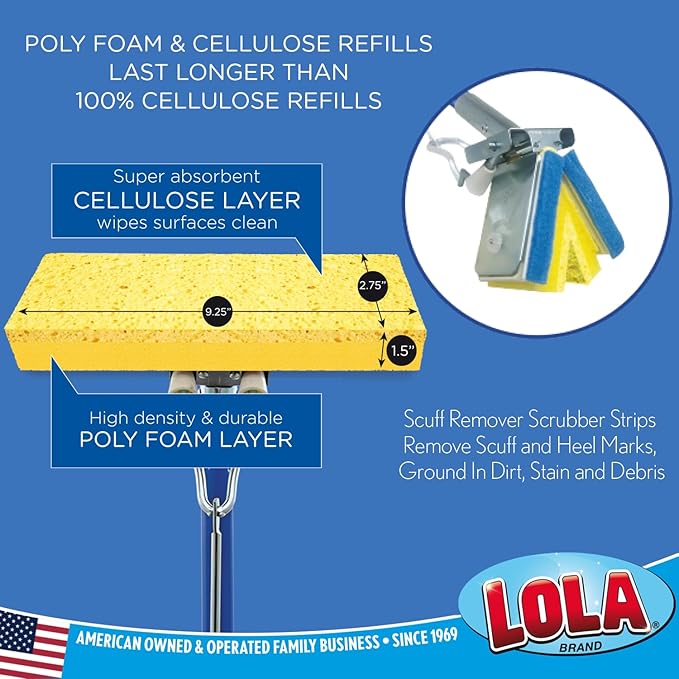 LOLA Cellulose SqueezeMatic Butterfly Sponge Mop Refill, 9", 6 Pack, Refill Head, Floor Cleaning, Compatible w/Quickie Type S Sponge Mop