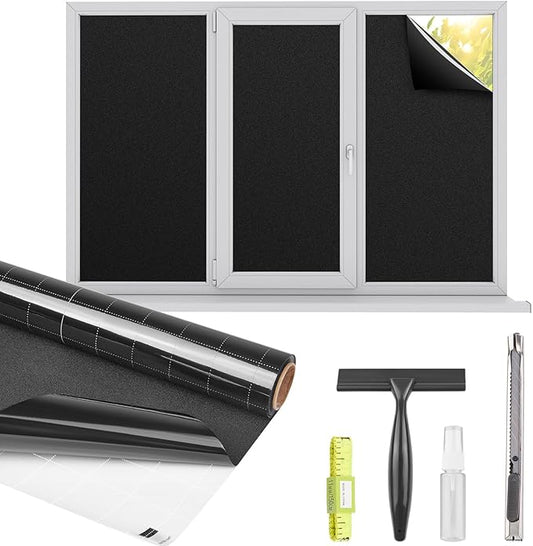 Kromapolis Blackout Window Privacy Film Total Light Blocking Room Darkening Window Covering, Removable Static Cling Frosted Glass Tint, Non-Adhesive, Black 23.6'' x 78.7''