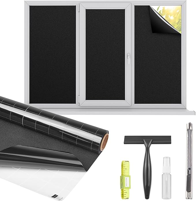 Kromapolis Blackout Window Privacy Film Total Light Blocking Room Darkening Window Covering, Removable Static Cling Frosted Glass Tint, Non-Adhesive, Black 45.2'' x 236.2''