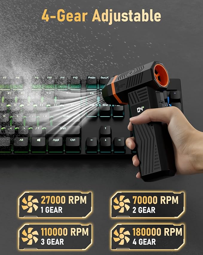 EVEAGE Compressed Air Duster, 180000RPM 4-Gear Adjustable Electric Air Duster with Display Screen & LED Light, 5000mAh Rechargeable Cordless Air Blower for Keyboard/PC/Car/Home Cleaning Reusable