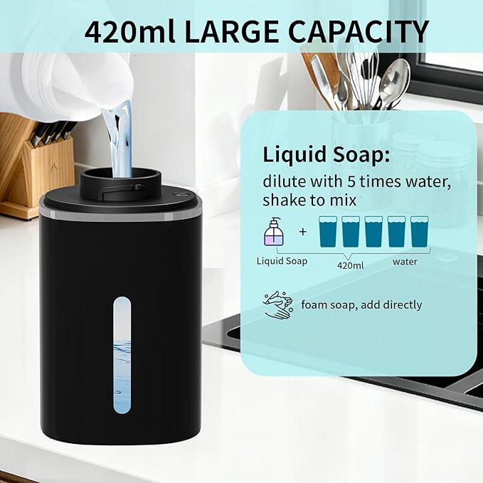 Automatic Soap Dispenser Touchless, Wall Mounted Smart Soap Dispenser, USB Rechargeable, 4 Adjustable Levels, 14.2oz / 420ml Large Capacity, for Bathroom, Kitchen, School (Black, Foaming)