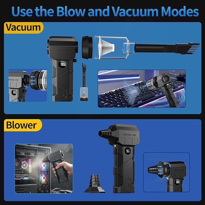Compressed Air Duster, 180000RPM Electric Air Duster with Brushless Motor, Rechargeable Cordless Air Vacuum Blower Cleaning Kit with Display Screen and LED Light for Computer Keyboard Car and Outdoor
