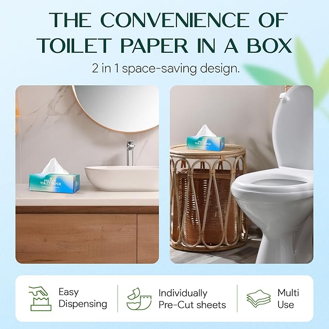 Pre-Cut Bamboo Toilet Paper – 3-Ply, Tissue Boxes – Gentle & Sustainable | No Fragrance, No BPA, No PFAS – Lint-Free | Septic Safe, Dissolves Fast | 12 Boxes (125 Sheets/Box) | PALM NAKI