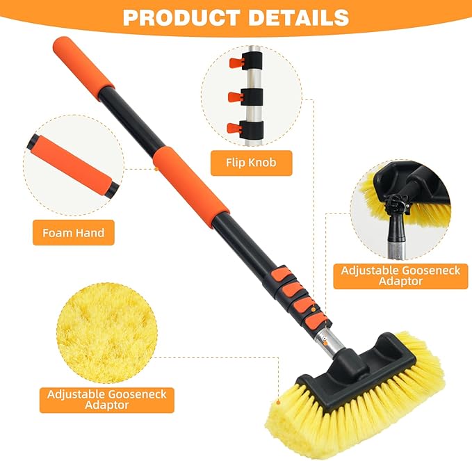 12FT Car Wash Brush with Long Handle Telescopic Pole Car Cleaning Tool with 12" Soft Bristle and Hard Bristle Wash Equipment Kit for Car Truck House Floor Glass Roof Solar Panels