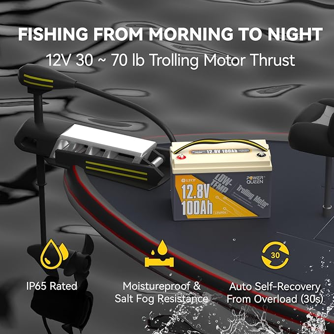 Power Queen 12.8V 100Ah Low-Temp LiFePO4 Battery with 12V40A, Low Temperature Protection, Built-in 100A BMS, Grade A Battery Cell, Up to 15000+ Cycles, Perfect for Trolling Motor, Marine, RV