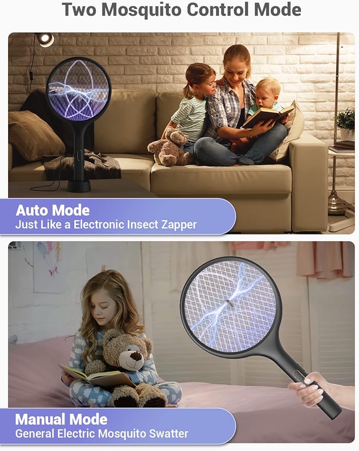 YISSVIC Electric Fly Swatter Bug Zapper Racket Dual Modes Mosquito Killer with Purple Mosquito Light Rechargeable for Indoor Home Office Backyard Patio Camping (Black 2 Pack)