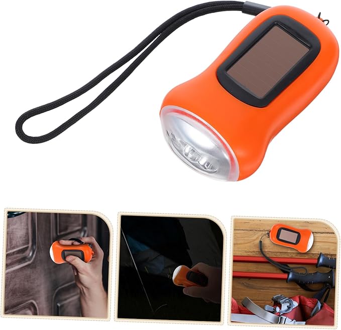 Hand Crank Solar Flashlight Portable Rechargeable LED Torch Dual Power Outdoor Hiking Emergency Light Compact Survival Lamp for Camping and Power Outages Orange