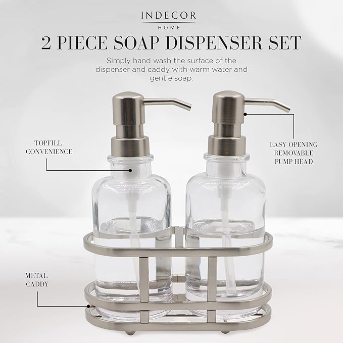 3 Piece Round Heavy Weight Glass Soap Lotion Pump Dispenser Set with Metal Caddy for Home Bath Kitchen Travel Office Hand Crafted Metal Tray Nickel