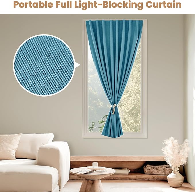 100% Blackout Curtain,Adhesive Curtain,Black Out Window Cover No Drilling Travel Kit,Perfect for Media Rooms, Dormitories and Renters (Stone Blue - W35 × L72 in)