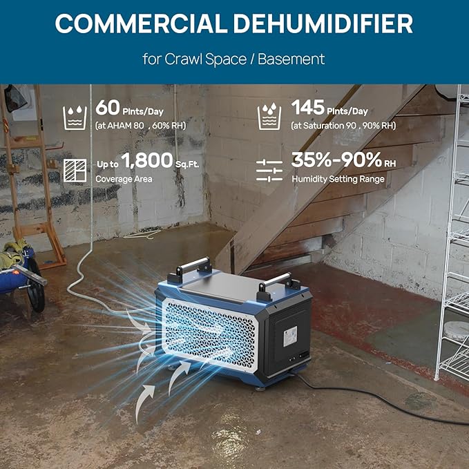 ARGENDON Crawl Spaces Dehumidifier with Pump and Drain Hose, 145 Pint Commercial Dehumidifier for Basement, Large Spaces, Auto Defrost, Compact, 5 Years Limited Warranty