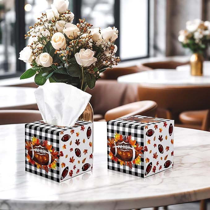 12 Pack Fall Football Facial Tissues Cube Boxes 600 Sheets 3 Ply Autumn Small Maple Leaf Square Face Tissues Bulk for Thanksgiving Day Car Bedroom Party Supplies