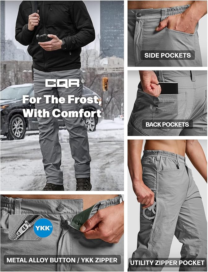 CQR Men's Winter Fleece Lined Pants, Water-Resistant Outdoor Stretch Work Pants, Windproof Casual Pants with Pockets
