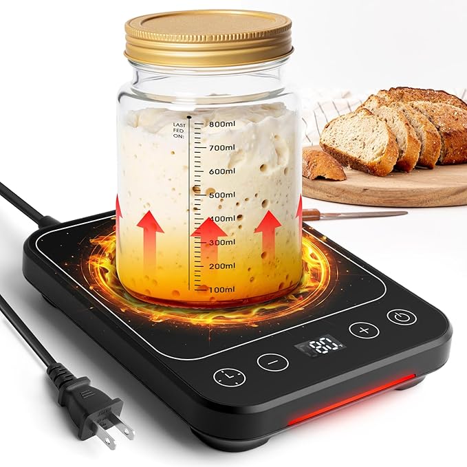 Upgraded Sourdough Starter Warmer, Precise 1°F Thermostat Control (70-100°F) Warming Heating Pad Mat with 0–12H Timer & Auto On/Off, Memory Function, Sourdough Heater Proofing Tool for Home Baking