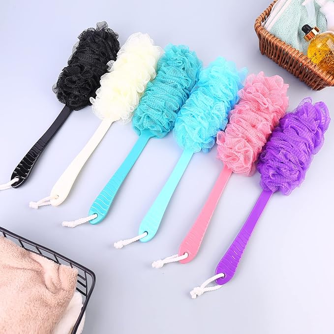 Back Scrubber Brush Long Handle for Shower, Loofah On a Stick Sponge Back Brush, Body Exfoliator Scrubber Bath Brush for Men Women, Exfoliating Cleaning Back Scrubber for Elderly (2 Pack-Black+Purple)