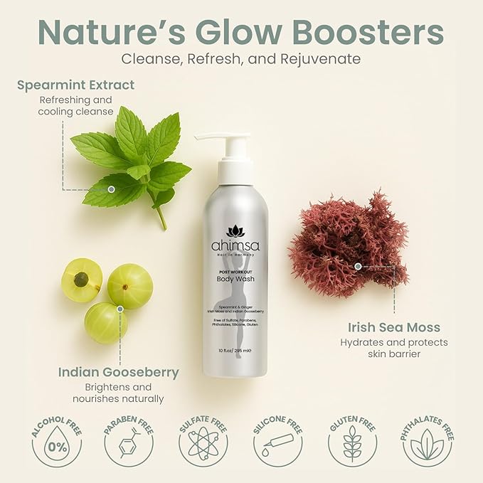 Ahimsa Natural Body Wash for Women, Hydrating & Moisturizing Body Wash Sensitive Skin, Antioxidant-Rich Bath & Shower Gels with Spearmint & Ginger, Gentle, Plant-Based, Organic Formula, 10oz