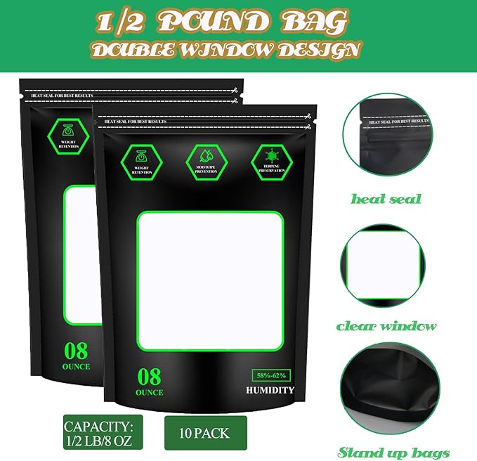 10 pack 1/2 LB Storage Terp Bags 58%-62% RH 2-Way Humidity Control Bags,Reusable Heat Sealable Bags for Curing & Food Storage, 8 Ounce Humidity bags (8oz, 1/2 lb).