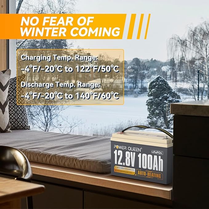 Power Queen 12V 100Ah LiFePO4 Battery Upgrade Auto-Heating, Built-in 100A BMS, Low Temp Protection, 2X Heating Efficiency, -4°F/-20°C Charging, Perfect for RV, Off-Grid System, Trolling Motor
