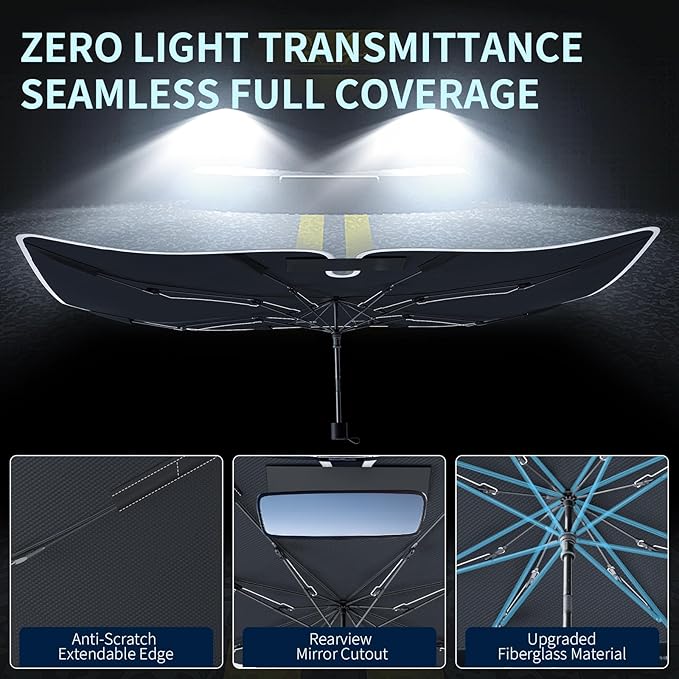 Tecoom Car Windshield Sun Shade Umbrella for Truck Full-Size SUV, Foldable Front Window Visor Sunshade Cover, Double Heat Shield Coating, Protect Automotive Interior from UV Rays, Large 61" L x 33" W