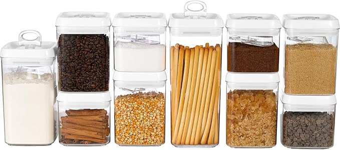 Felli Flip Tite Food Storage Container with Scoop & Lid 5" LARGE Airtight Ring Top, Acrylic Canister for Sugar Flour Baking Powder Rice Pasta, Kitchen Organizer Christmas Gift Set (10pk, Variety)