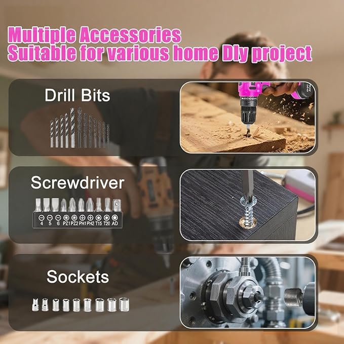 GardenJoy 20v Cordless Drill Set, Power Electric Kit Battery With Charger 30Nm 2-Speed 3/8" Keyless Chuck 24+1 Position Drill Driver screwdriver Bits with LED Electric Work Light Women DIY