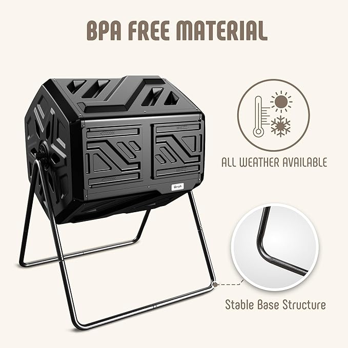 Compost Bin, Outdoor Composter, Fast Assembly 43 Gallon Dual Chamber Outdoor Compost Tumbler, Heavy Duty Tumbling Rotating Composter for Patio, Garden, Yard, Black, Easy Setup, Gloves Included