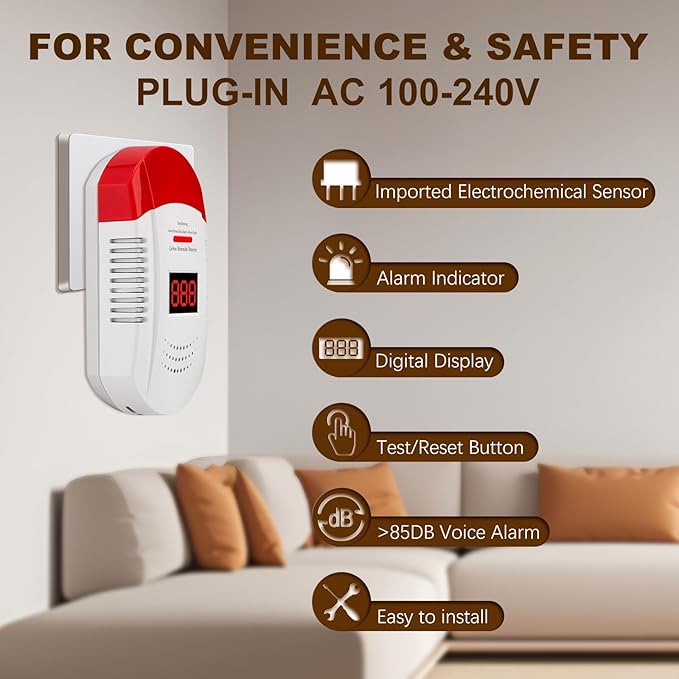 Carbon Monoxide Detector Plug in Wall CO Monitor Alarm Detectors with Digital Display Sound and Light Warning for Home Workplace and Travel Safety Precautions Essential