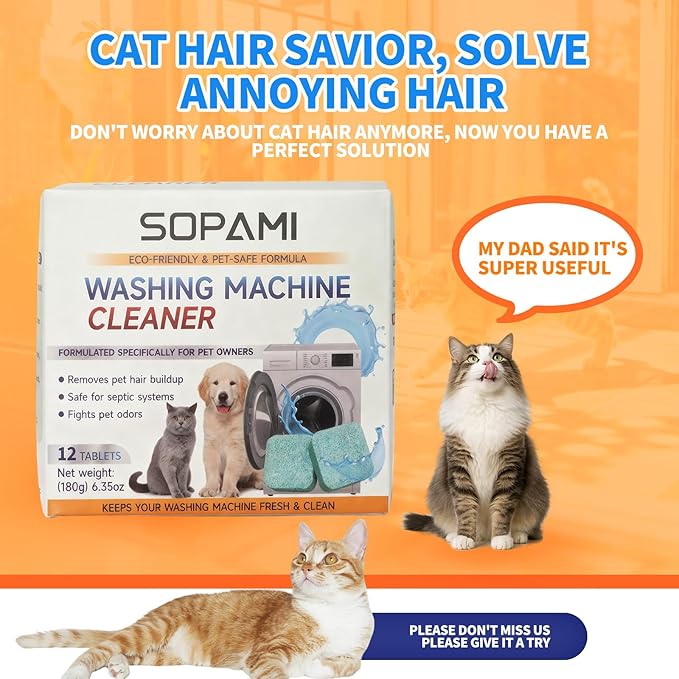 SOPAMI Washing Machine Cleaner Tablets for Pet Owners HE Front Load and Top Load Washer Deep Cleaning Septic Safe Removes Stubborn Pet Hair Eliminates Pet Odors Prevents Pet Dander Build Up