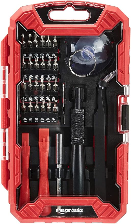 Amazon Basics Electronics Screwdriver Set, 32-Piece Tool Kit for Repair and Maintenance, Red