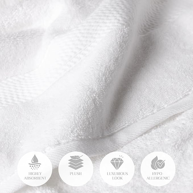 Superior Egyptian Cotton Pile Bath Towel Set of 2, Ultra Soft Luxury Towels, Thick Plush Essentials, Absorbent Heavyweight, Guest Bath, Hotel, Spa, Home Bathroom, Shower Basics, White