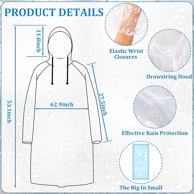 49/98 Pcs Disposable Rain Ponchos for Adults with Padded Drawstring Hoods and Pockets, Suitable for Emergency