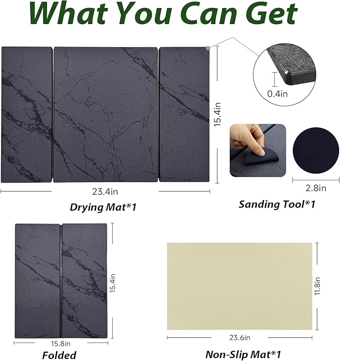 Large Stone Drying Mat for Kitchen Counter, 24"x16" Collapsible Quick Dry Dish Drying Mat, Water-Absorbent Marble Diatomaceous Earth Mats for Bottles Cups Dishes, Match Any Countertop