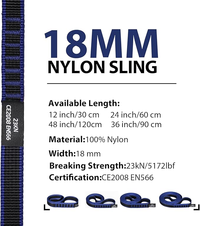 18mm Nylon Climbing Sling Runner 23KN CE2008/EN566 Certified - Webbing Straps for Outdoor Rock Climbing, Rappelling, Swing, Yoga Hammock etc
