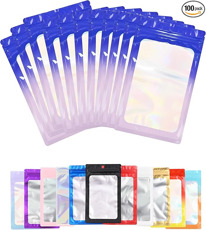 100 Pack Resealable Plastic Bags for Food Storage, Zipper Bags with Clear Front Window, Packaging Pouch for Small Business (Purple & Blue, 5.1x8.3 inch)