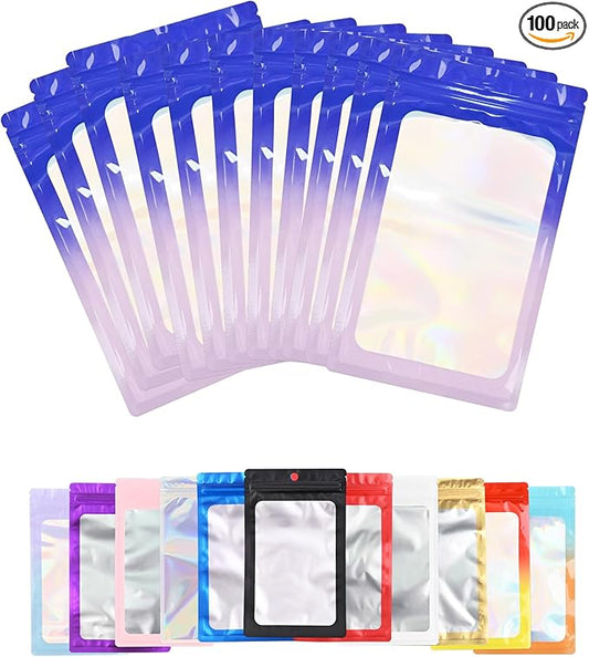 100 Pack Resealable Plastic Bags for Food Storage, Zipper Bags with Clear Front Window, Packaging Pouch for Small Business (Purple & Blue, 5.1x8.3 inch)