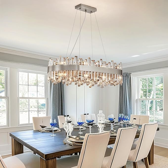 Siljoy Rectangular Crystal Chandelier for Dining Room, 16 Lights Modern Chrome 2-Tiers K9 Crystal Raindrop Chandelier Oval Dimmable Pendant Ceiling Light for Kitchen Island Bar L35.4 Inch