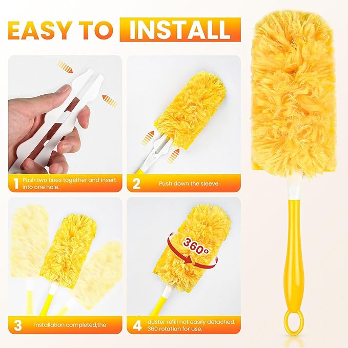 Dusters Refill Compatible with Swiffer Dusters for Cleaning, Feather & Microfiber 360 Heavy Duty Duster Refills for Dusting Furniture, Blinds, Ceiling Fans, Helps Remove Allergens,32 Count+1 Handle