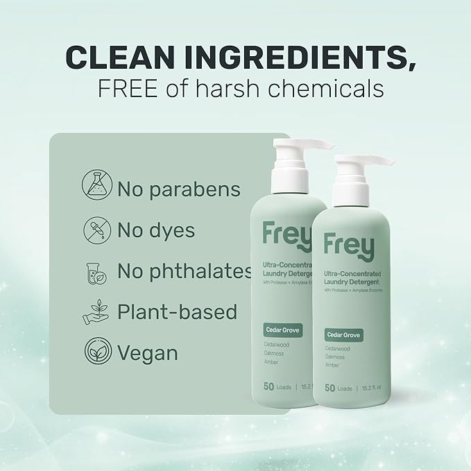 FREY Concentrated Liquid Laundry Detergent | Formulated for Sensitive Skin & HE Washers | Removes Stains Effectively | 50 Loads per Bottle (2-pack Cedar Grove)