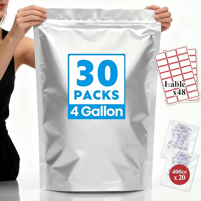 Mylar Bags 4Gallon 30PCS 14"X20" for Food Storage with Oxygen Absorbers&Labels,10Mil Thick Resealable Zipper&Heat Seal Stand Up Pouches for Packaging Long Term,Dried Food,BPA Free