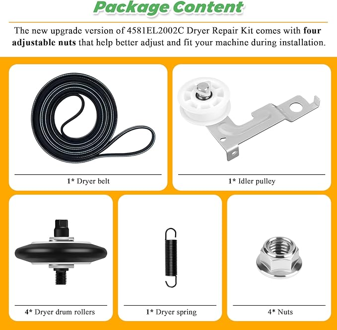 AGM75510755 Dryer Repair Kit with 4581EL2002C Dryer Drum Roller Kit 4400EL2001A Drive Belt 4561EL3002A Idler Pulley & Spring by Techecook - Fit for Lg Kenmore Dryer - Replaces 4400EL2001F 4581EL2002A