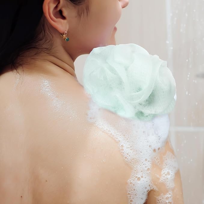 12 Pcs Travel Size Loofah Individually Wrapped, Small Shower Puff Bath Sponge Pouf Ball Bulk Mesh Bath Puff Mini Loofah Sponge with Case Bulk for Shower Care (25g,Multicolor)