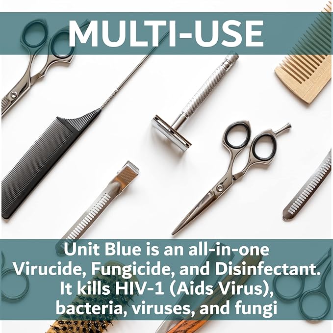 Unit Blue Barber Germicidal Disinfectant Concentrate for Barbers, Anti-Rust Formula, Sterilize Barber Tools, Scissor, Clips, Razors, Brush, Combs & More, 65 Sachets Makes 65 QT Solution at 1600 PPM