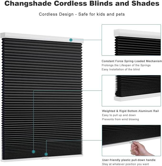 Changshade Cordless Cellular Shades, Blackout Honeycomb Shades for Windows, Pull Down Pleated Blinds, Easy to Install for Indoor Windows and French Doors,54" W x 72" H, Black