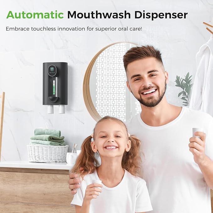 Automatic Mouthwash Dispenser 18.26 oz Touchless Mouthwash Dispenser for Bathroom Magnetic Cup USB Rechargeable and 3 Dispensing Levels with Led Screen Wall-Mounted or Countertop Use-Black 2Pack