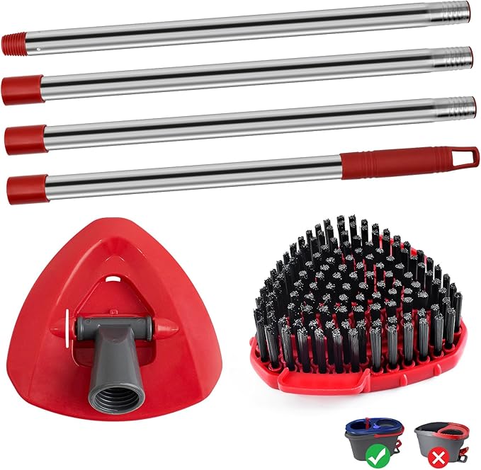 4-Section Stainless Steel Spin Mop Handles, Mop Base & Upgrade Scrub Brush Combo for Ocedar EasyWring RinseClean 2 Tank System, Mop Handle Mop Base & Brush Set for O Cedar, Universal Thin Screw Joints
